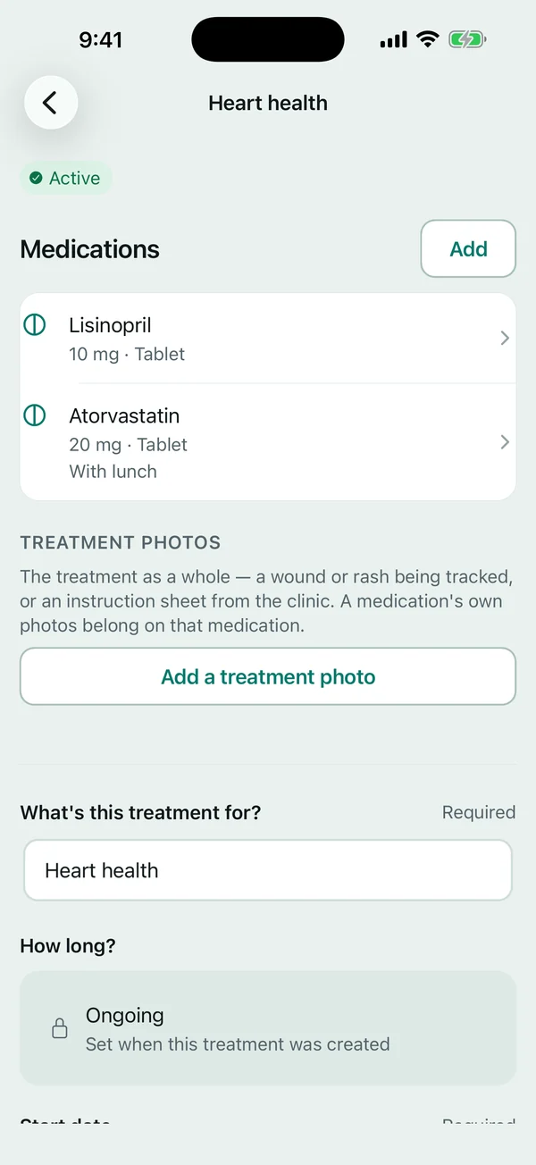 A treatment's page listing its two medications with their strengths and instructions.