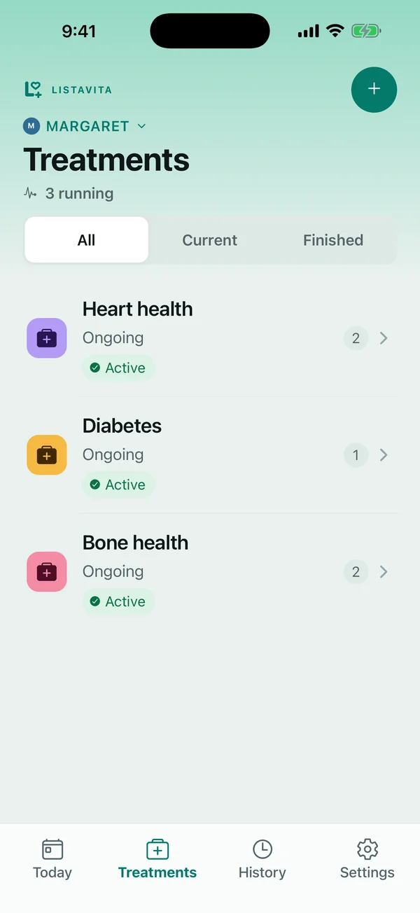 The Treatments screen listing three ongoing treatments: heart health, diabetes and bone health.